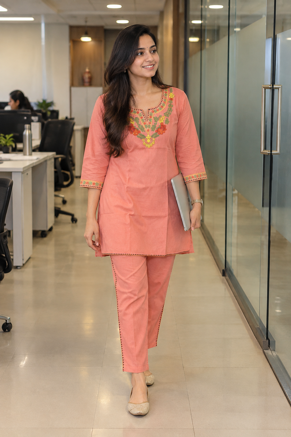 Peach Floral Embroidered Co-ord Set
