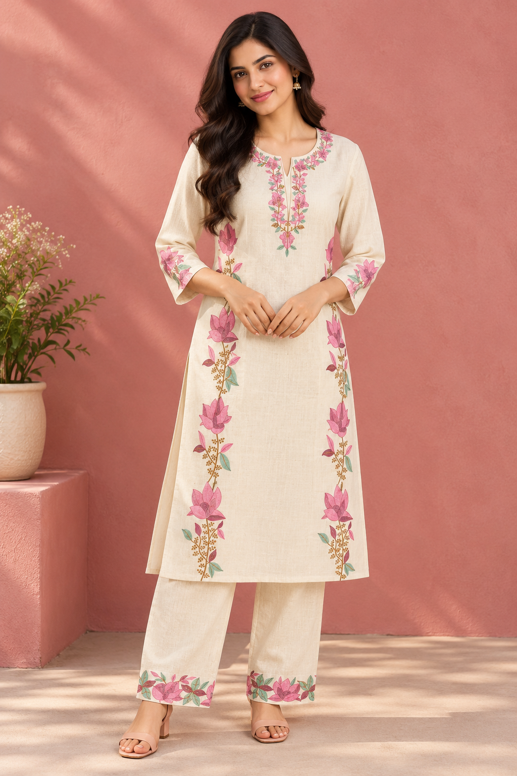 Cream Pink Floral Khadi Cotton Co-ord Set