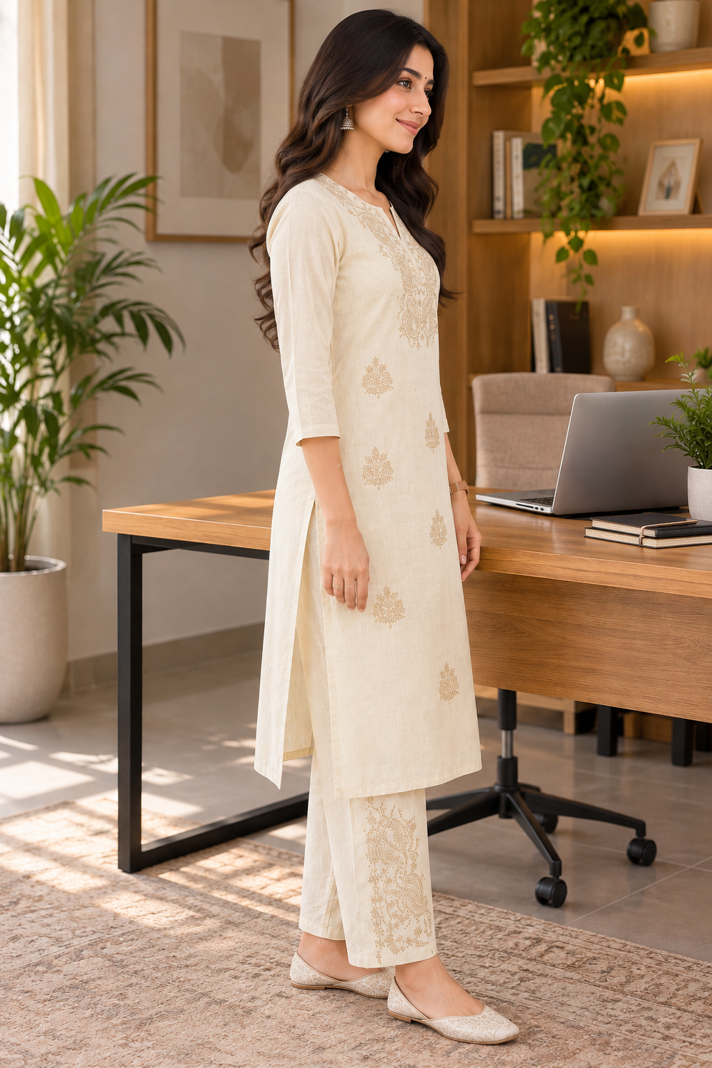 Cream Elegant Embroidered Khadi Cotton Co-ord Set