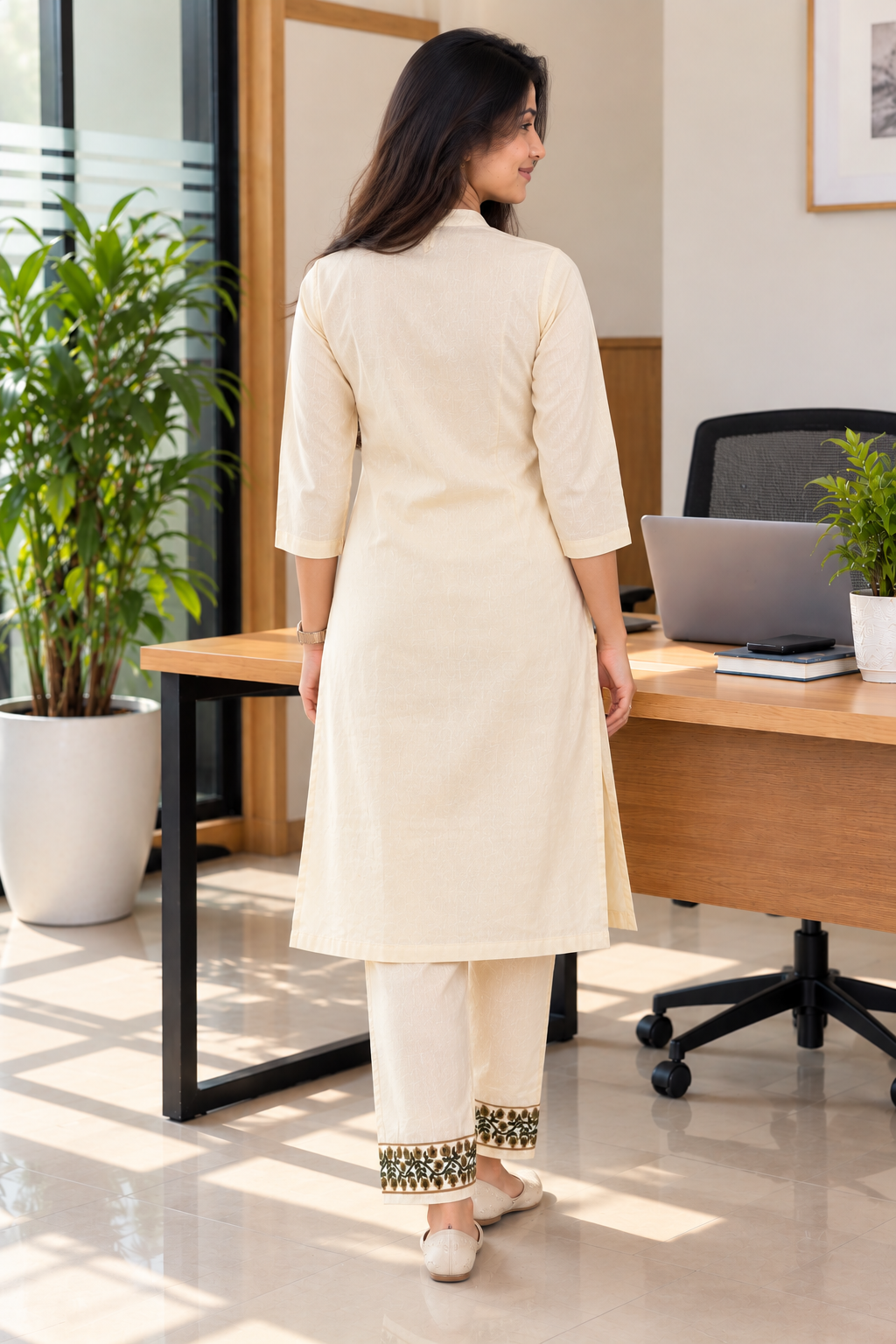 Cream Floral Embroidered Khadi Cotton Co-ord Set