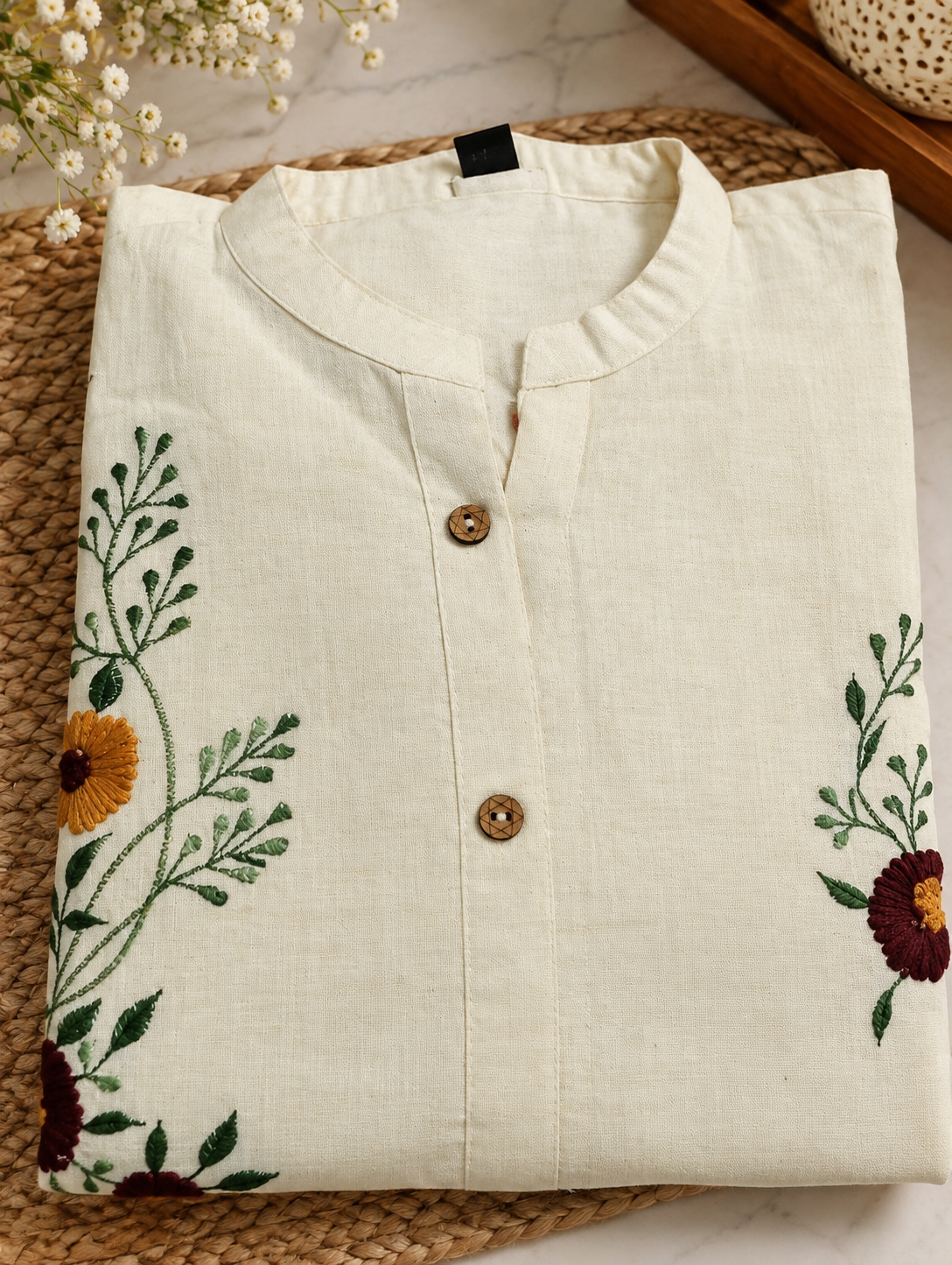 Cream Blossom Khadi Cotton Co-ord Set