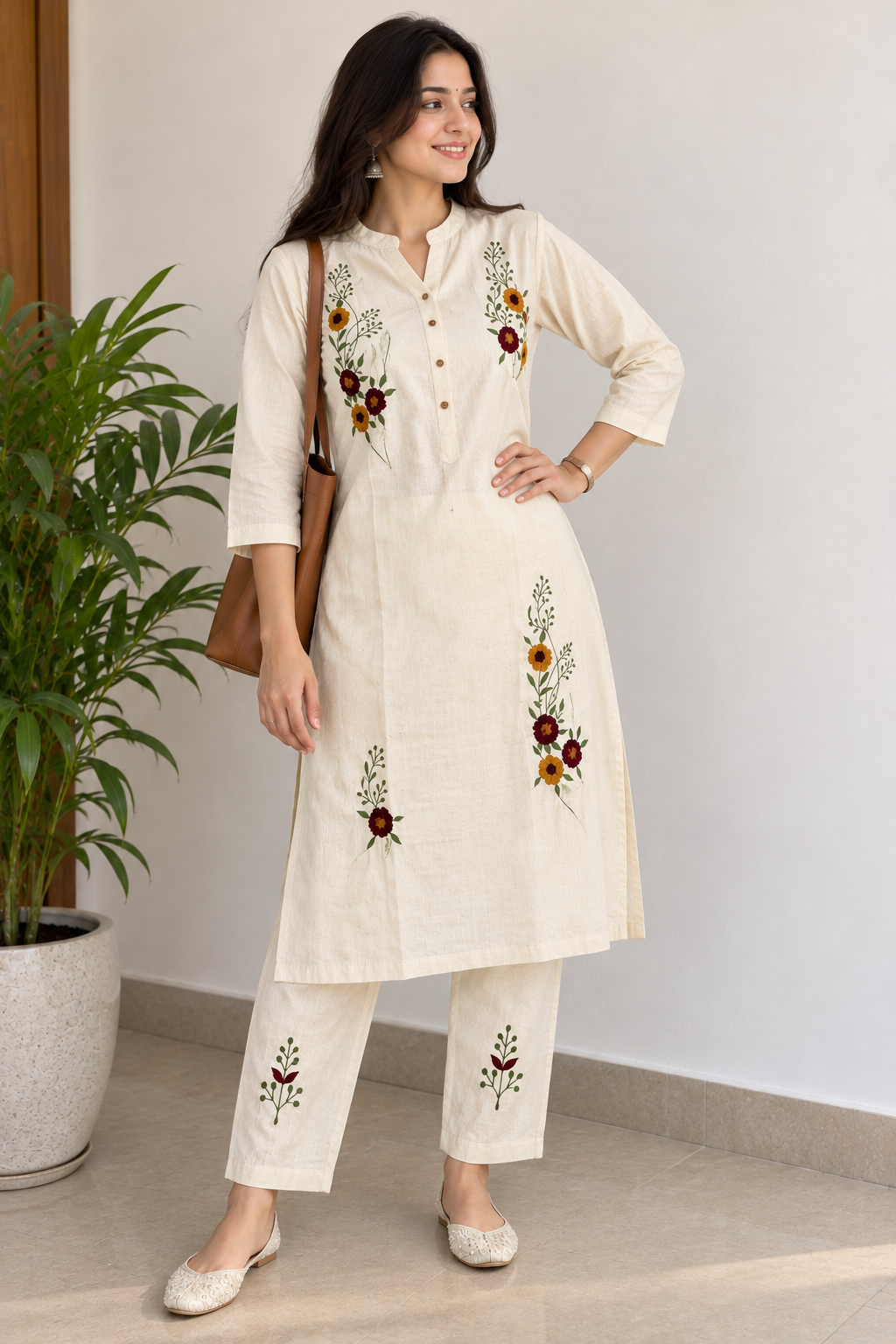 Cream Blossom Khadi Cotton Co-ord Set
