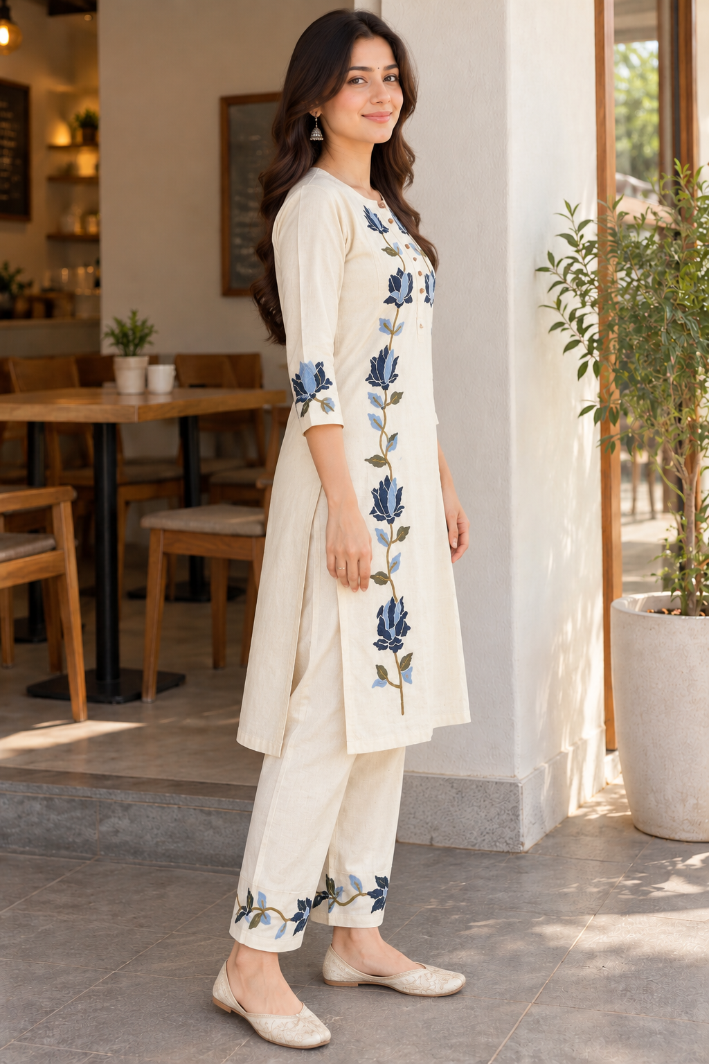 Cream Blue Blossom Khadi Cotton Co-ord Set