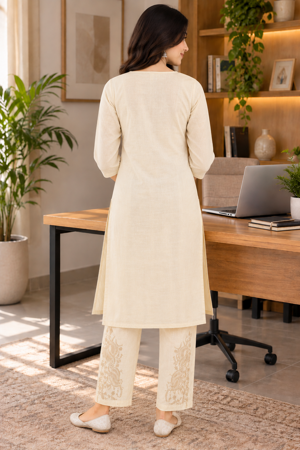 Cream Elegant Embroidered Khadi Cotton Co-ord Set