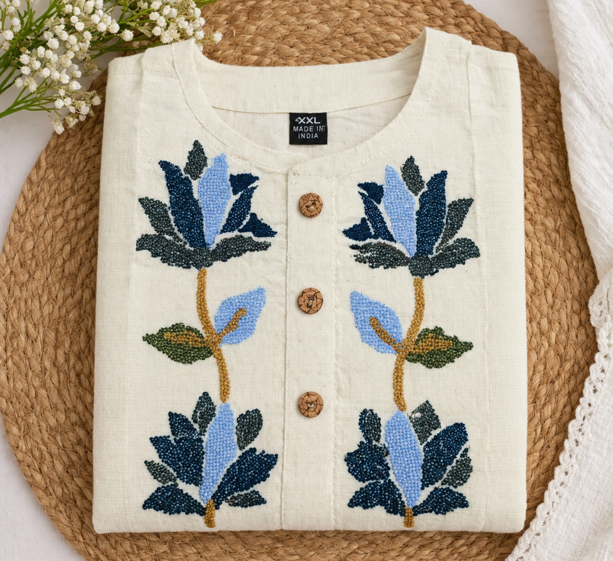 Cream Blue Blossom Khadi Cotton Co-ord Set
