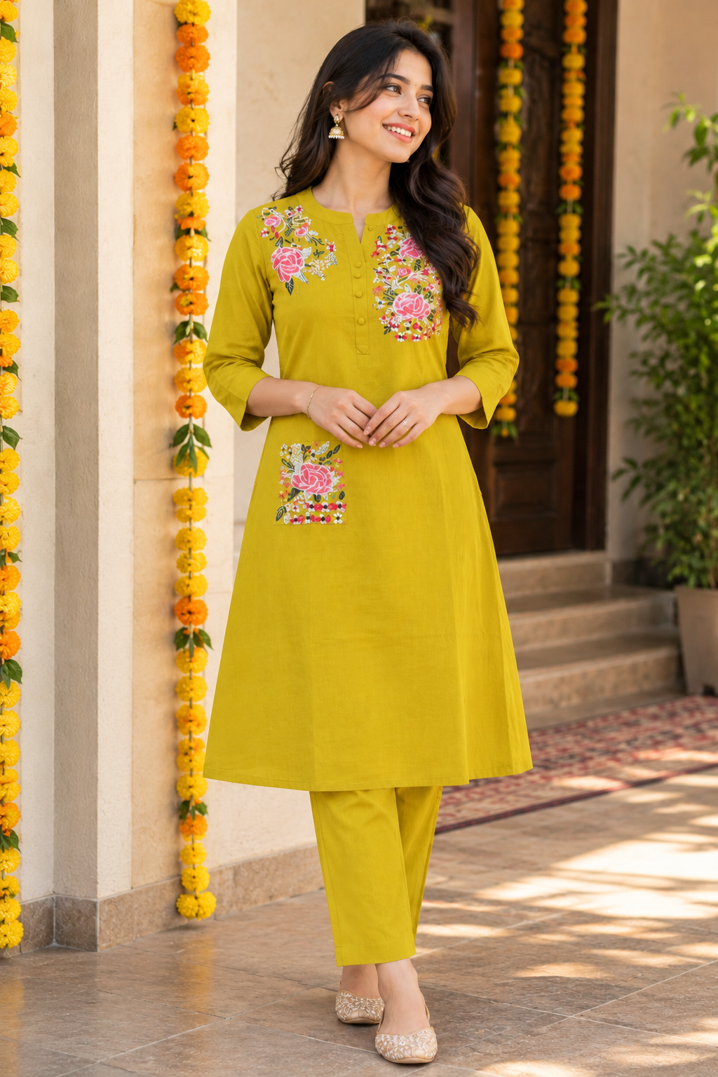 Mustard Yellow Floral Embroidered Co-ord Set