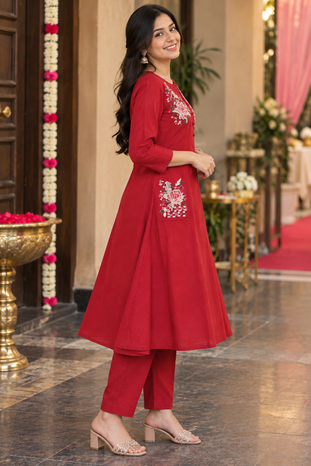 Red Floral Embroidered A-Line Co-ord Set