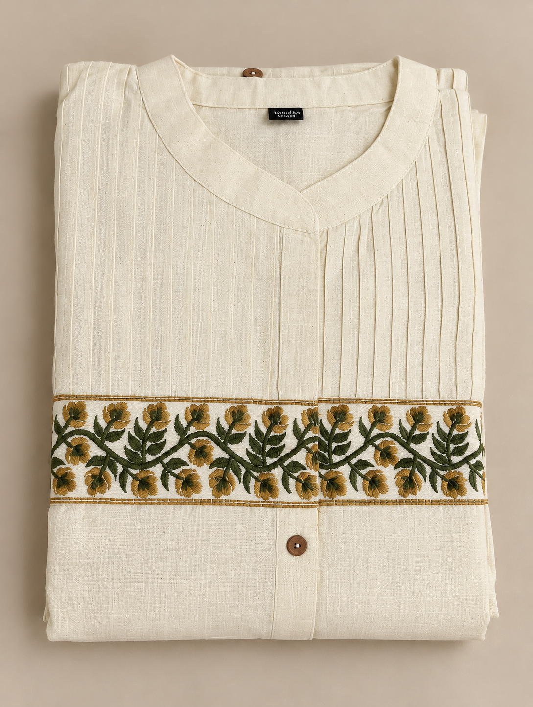 Cream Floral Embroidered Khadi Cotton Co-ord Set
