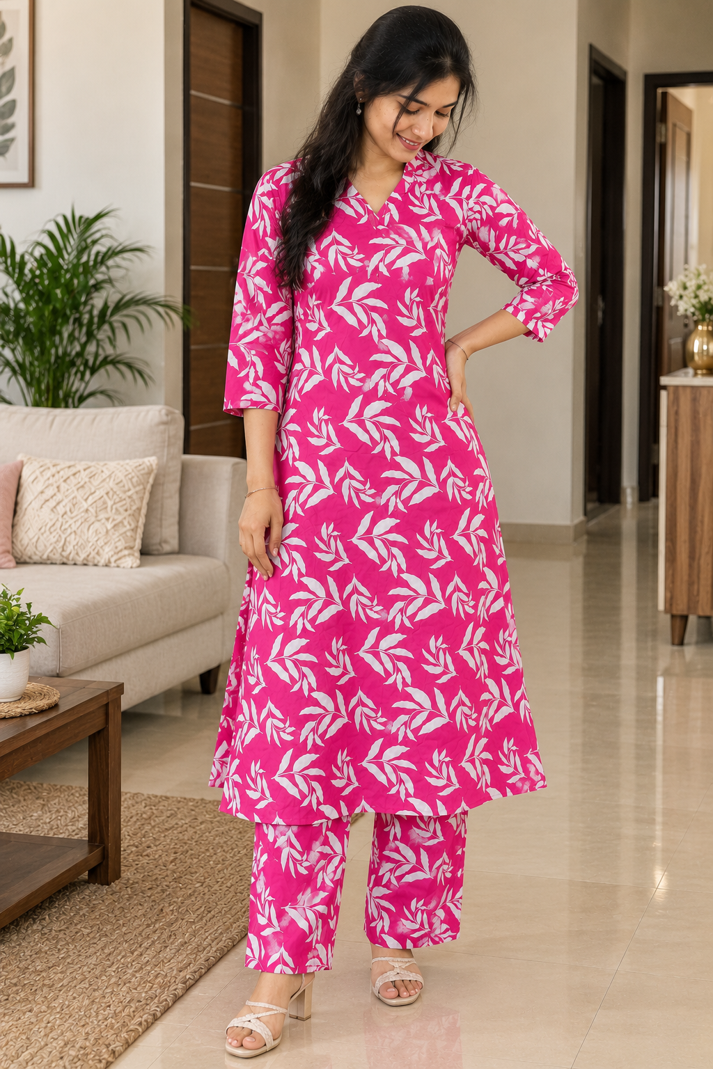 Pink Leaf Print Co-ord Set