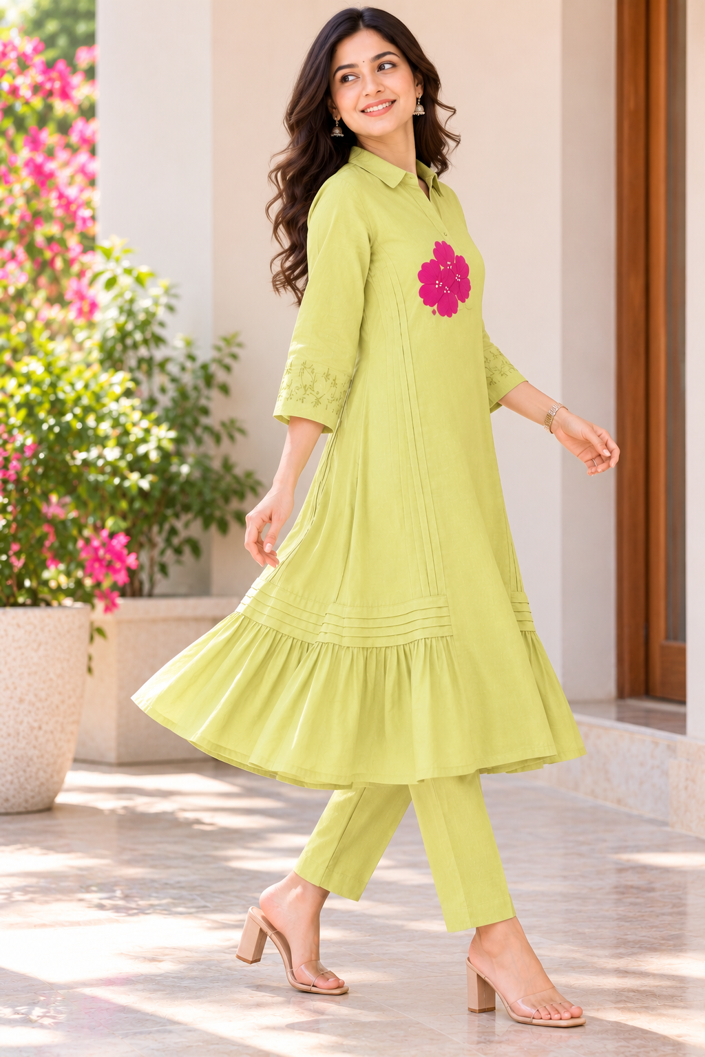 Lime Green Floral A-Line Ethnic Co-ord Set