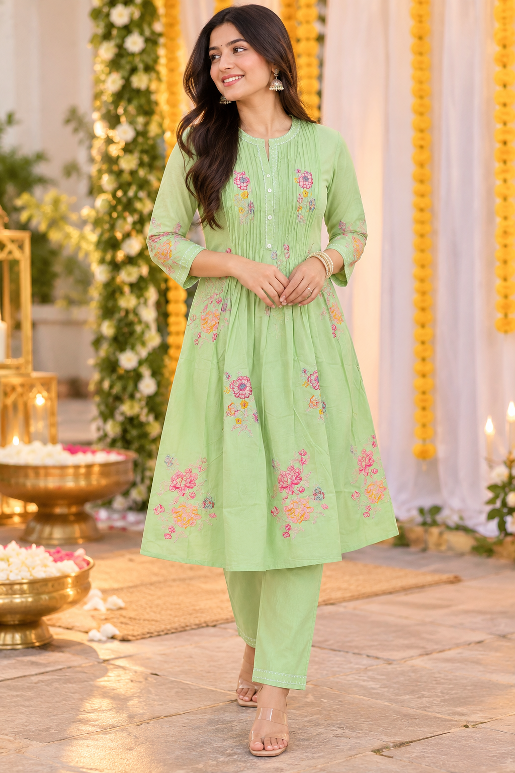 Light Green Floral Embroidered Co-ord Set