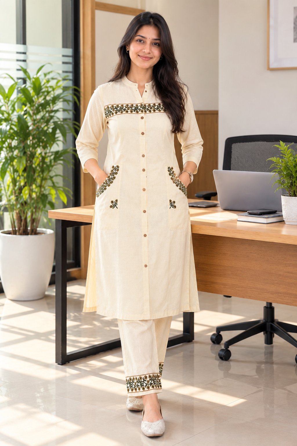 Cream Floral Embroidered Khadi Cotton Co-ord Set