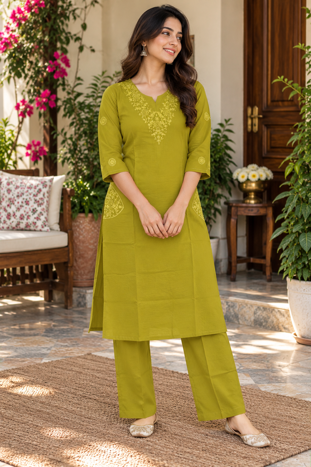 Olive Green Floral Embroidered Co-ord Set