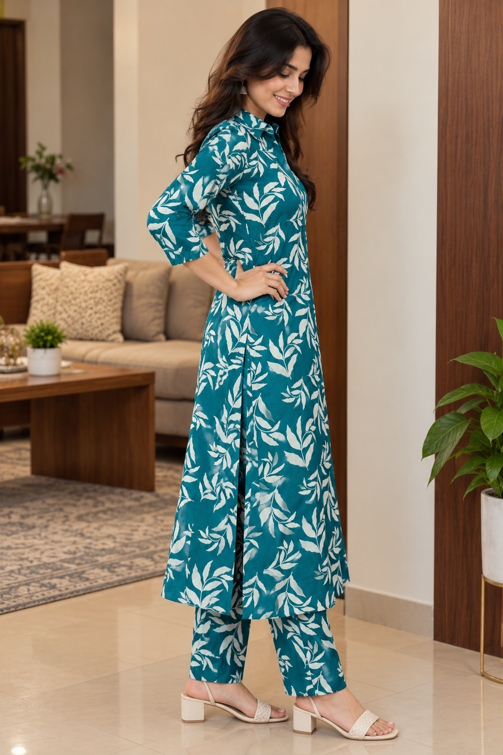 Teal Blue Floral Leaf Co-ord Set