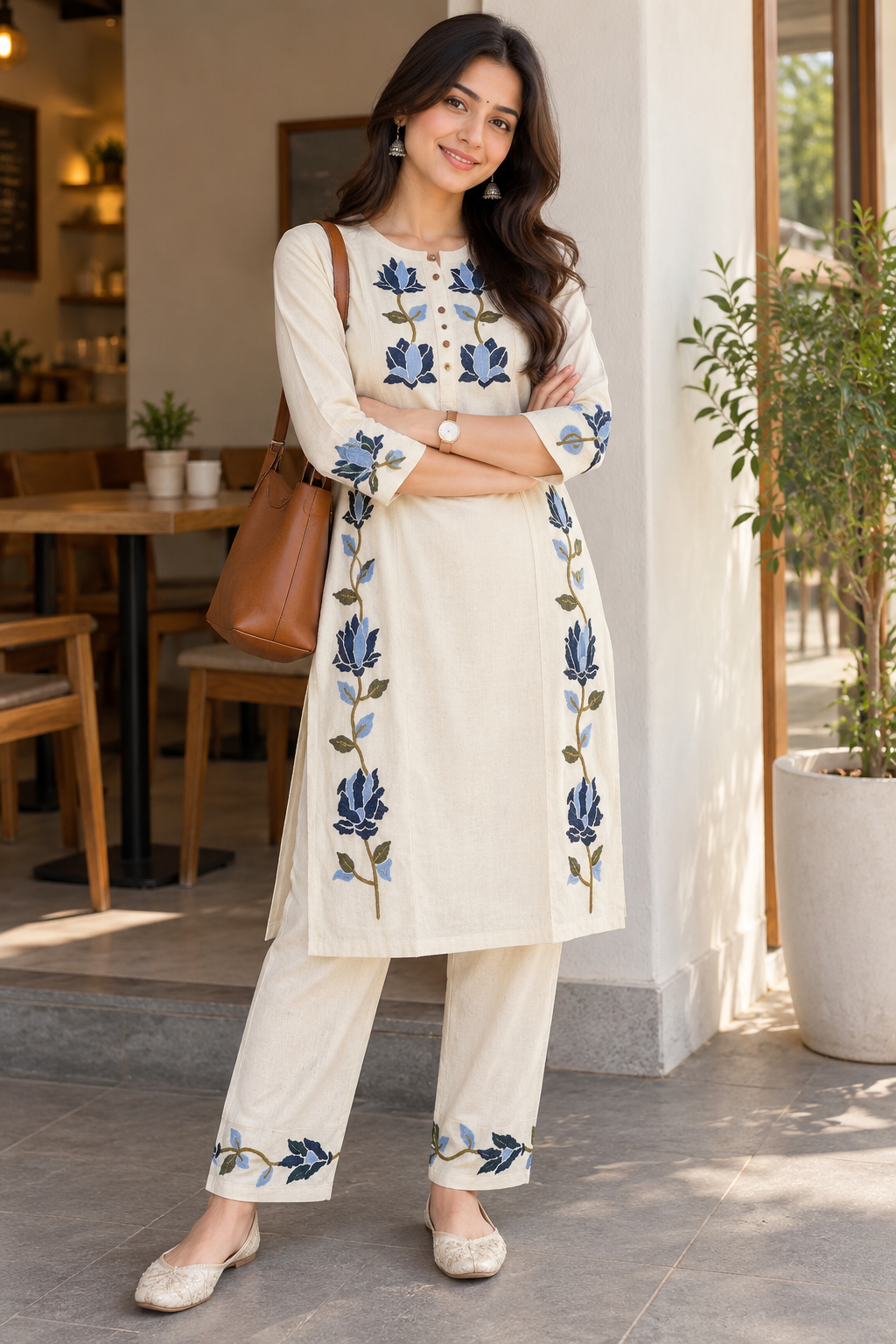 Cream Blue Blossom Khadi Cotton Co-ord Set