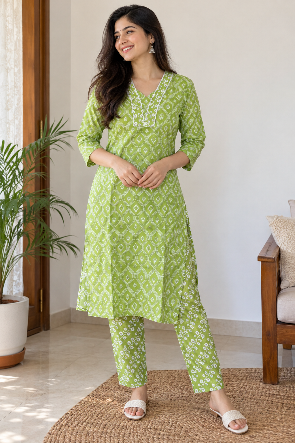 Green Printed Ethnic Co-ord Set