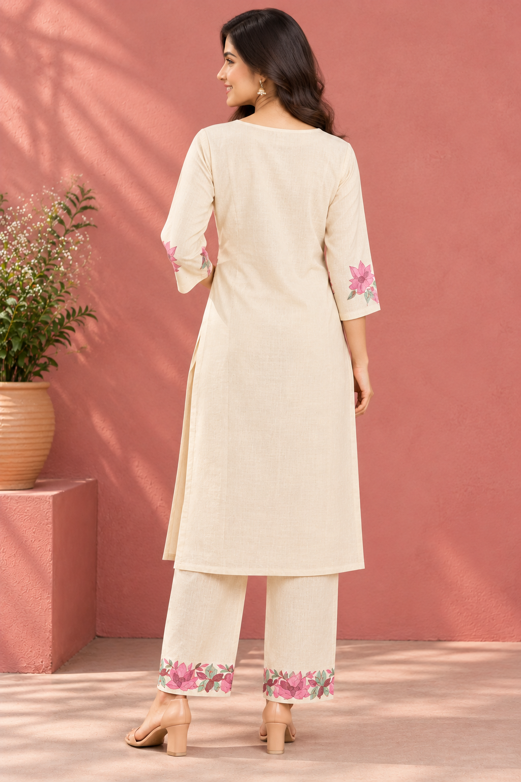 Cream Pink Floral Khadi Cotton Co-ord Set
