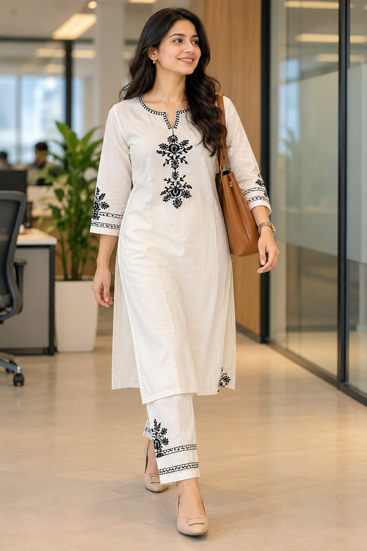 Off-White Embroidered Khadi Cotton Co-ord Set