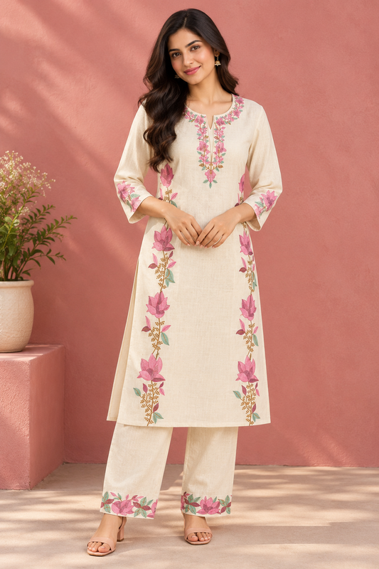 Cream Pink Floral Khadi Cotton Co-ord Set