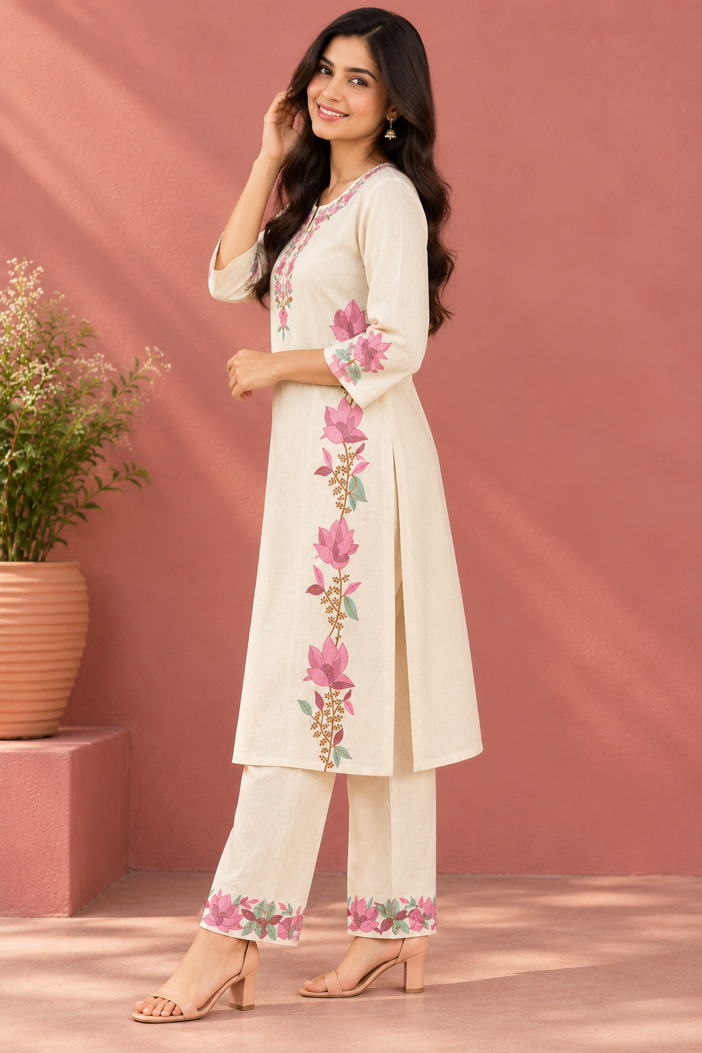 Cream Pink Floral Khadi Cotton Co-ord Set