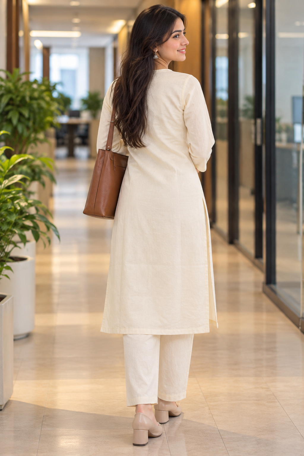 Cream Floral Embroidered Khadi Cotton Co-ord Set