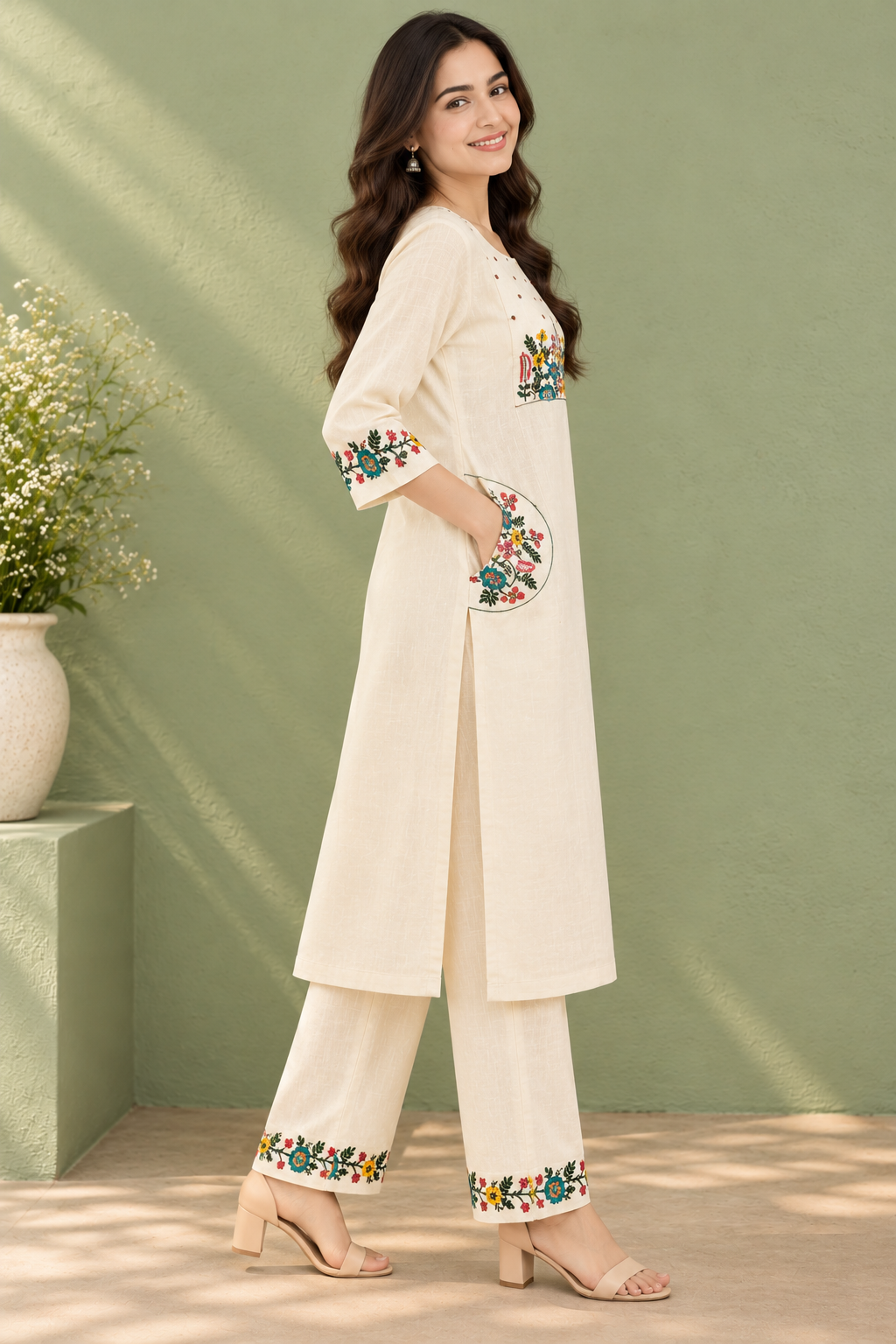 Cream Multicolour Floral Embroidered Co-ord Set