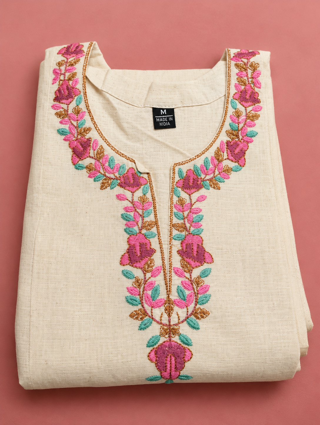 Cream Pink Floral Khadi Cotton Co-ord Set