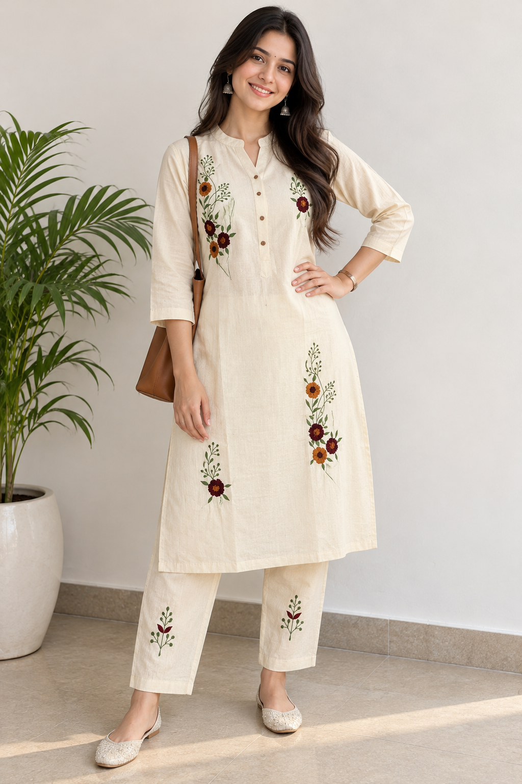 Cream Blossom Khadi Cotton Co-ord Set