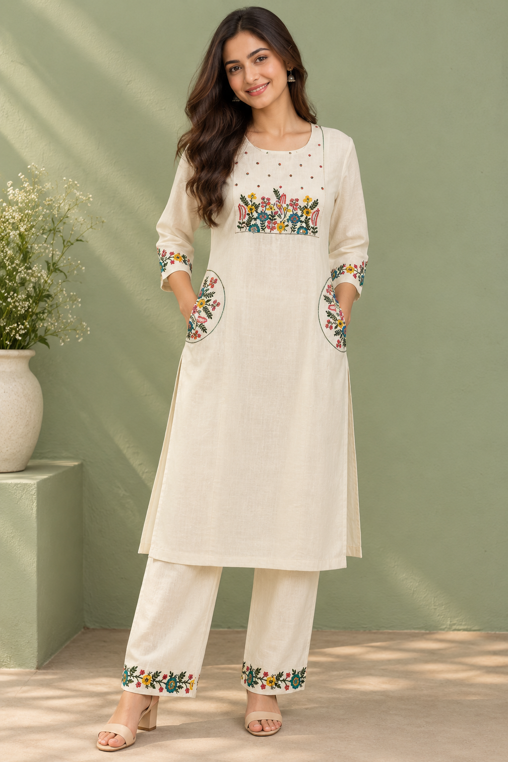 Cream Multicolour Floral Embroidered Co-ord Set
