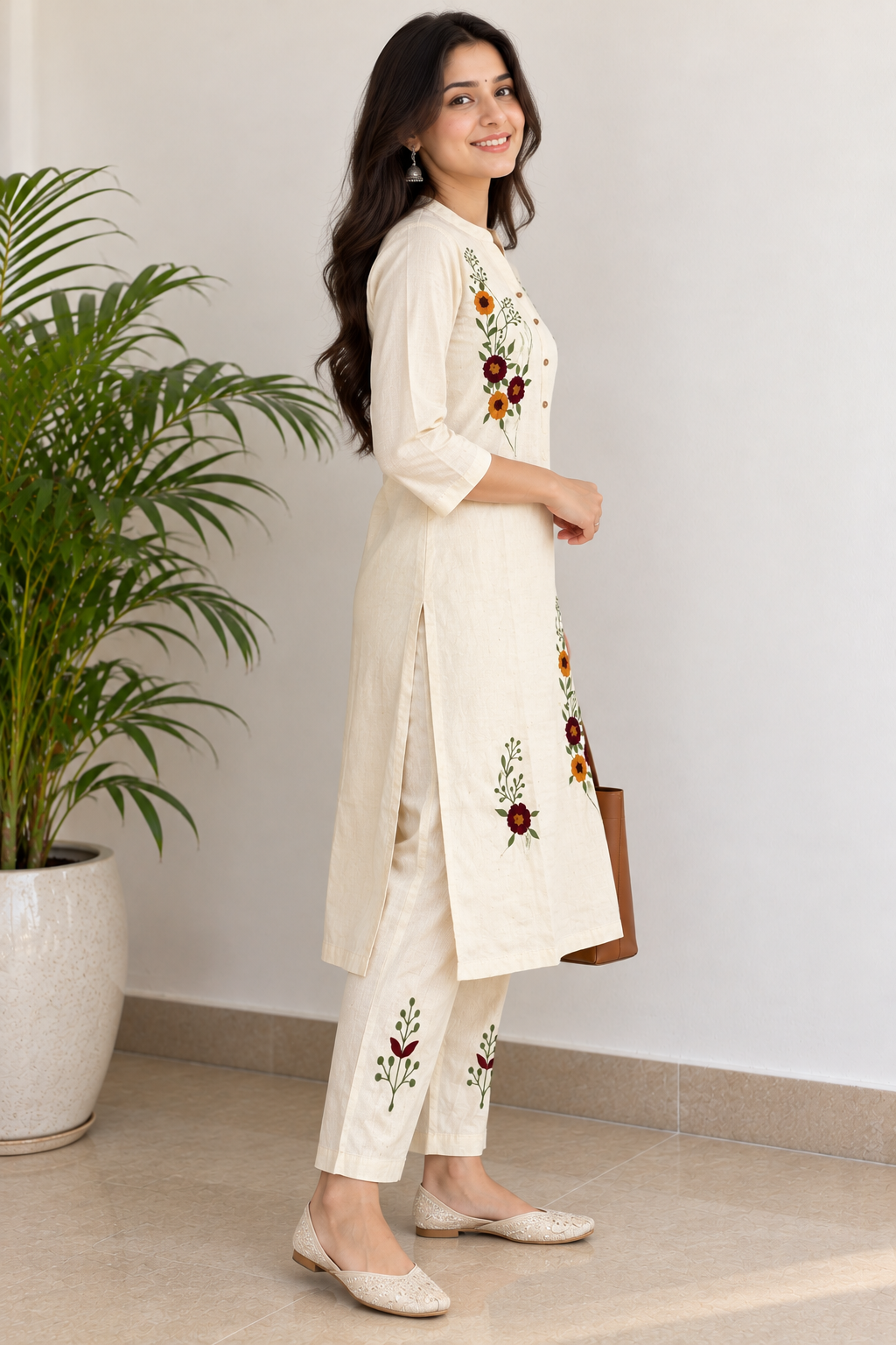 Cream Blossom Khadi Cotton Co-ord Set