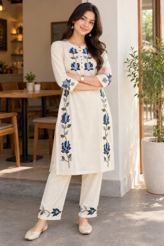 Cream Blue Blossom Khadi Cotton Co-ord Set