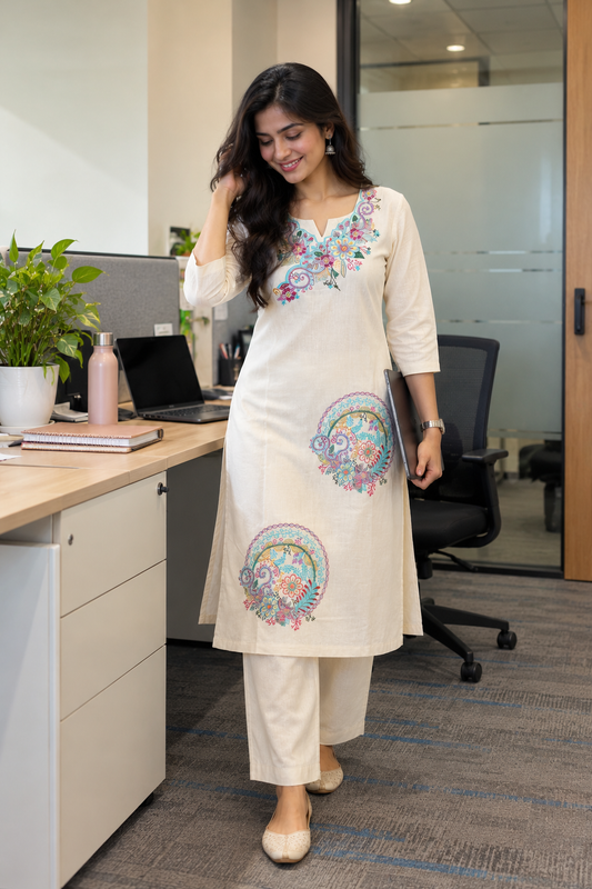 Cream Multicolour Floral Embroidered Co-ord Set