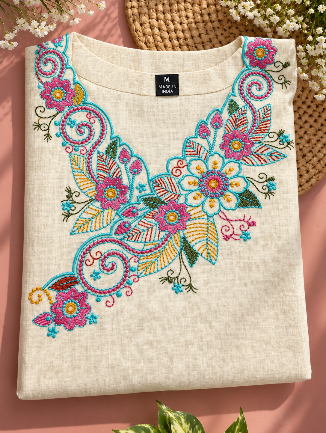 Cream Multicolour Floral Embroidered Co-ord Set