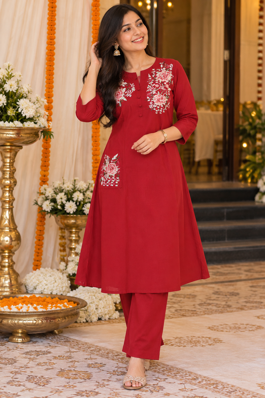 Red Floral Embroidered A-Line Co-ord Set