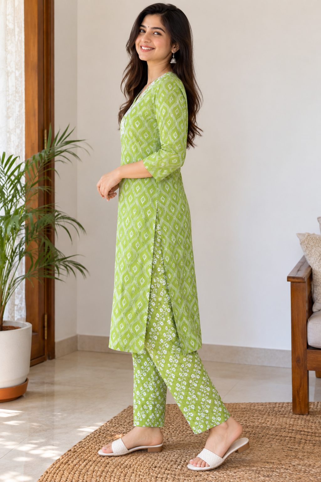 Green Printed Ethnic Co-ord Set