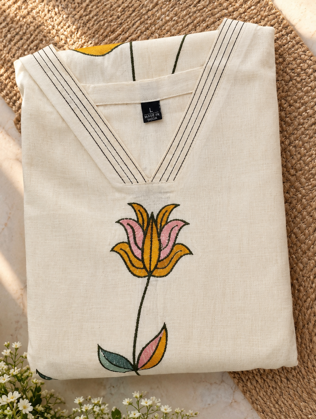 Cream Floral Embroidered Khadi Cotton Co-ord Set