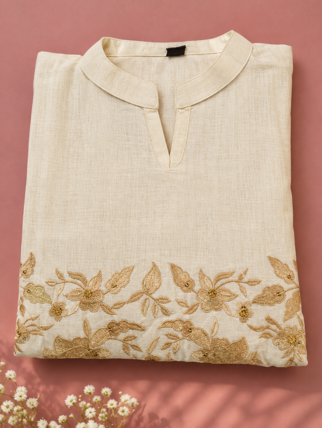 Cream Golden Floral Embroidered Co-ord Set