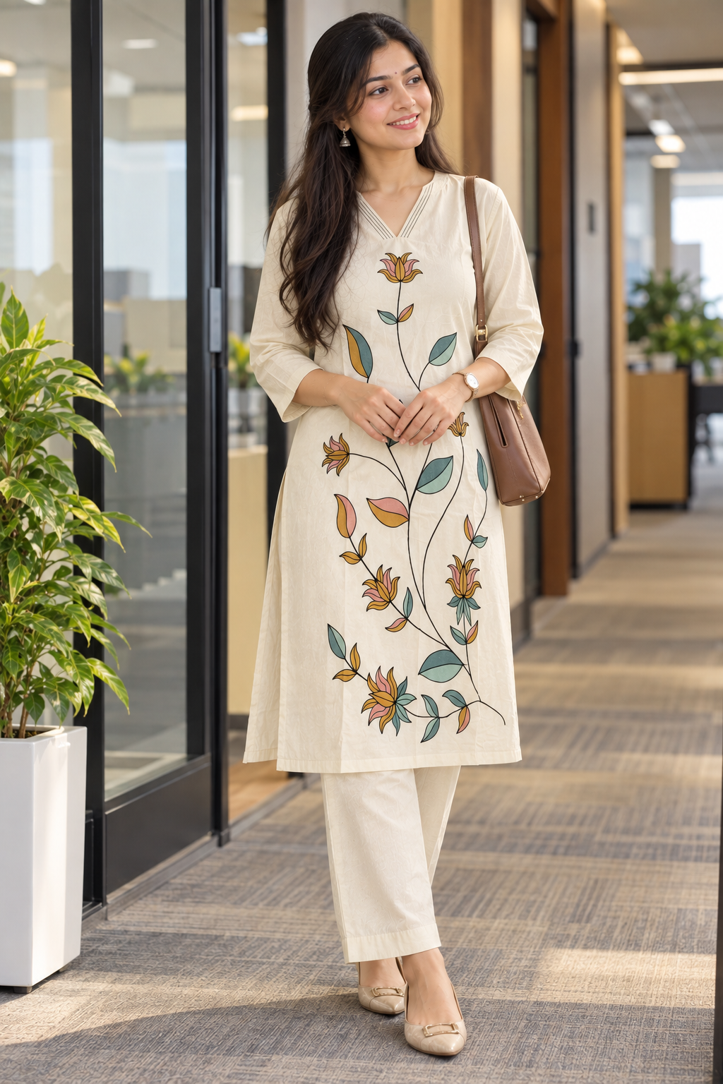 Cream Floral Embroidered Khadi Cotton Co-ord Set