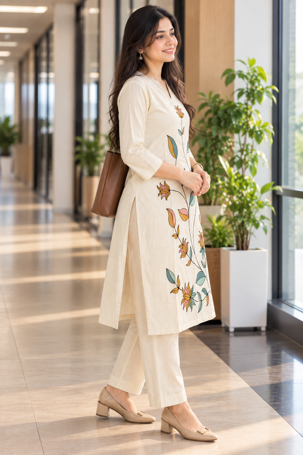 Cream Floral Embroidered Khadi Cotton Co-ord Set