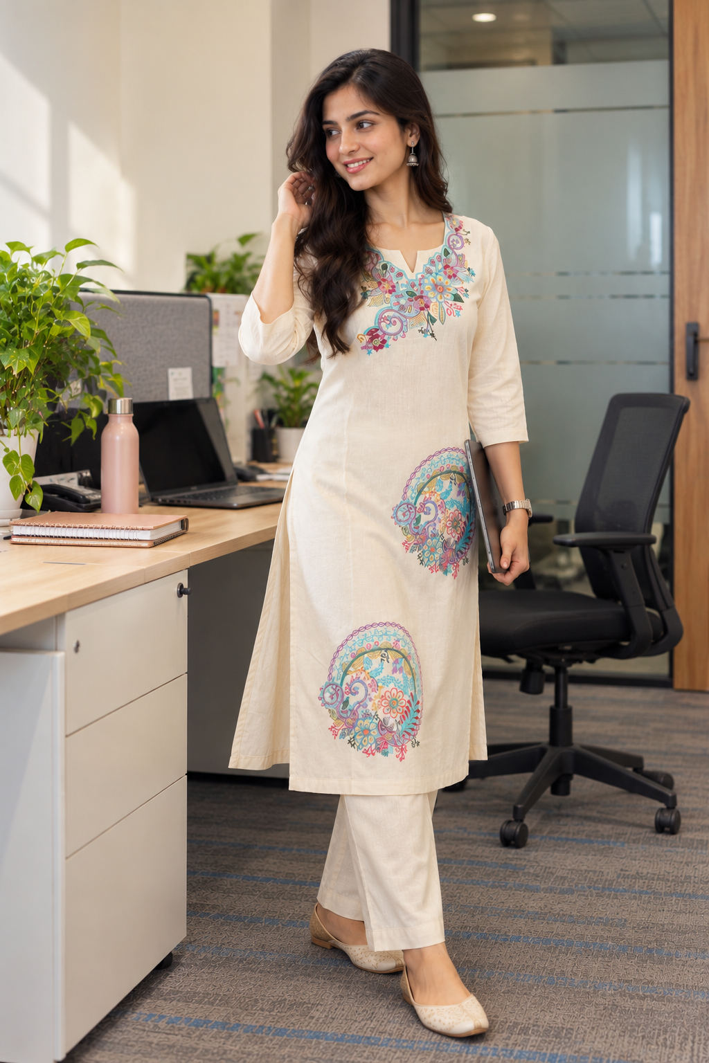Cream Multicolour Floral Embroidered Co-ord Set