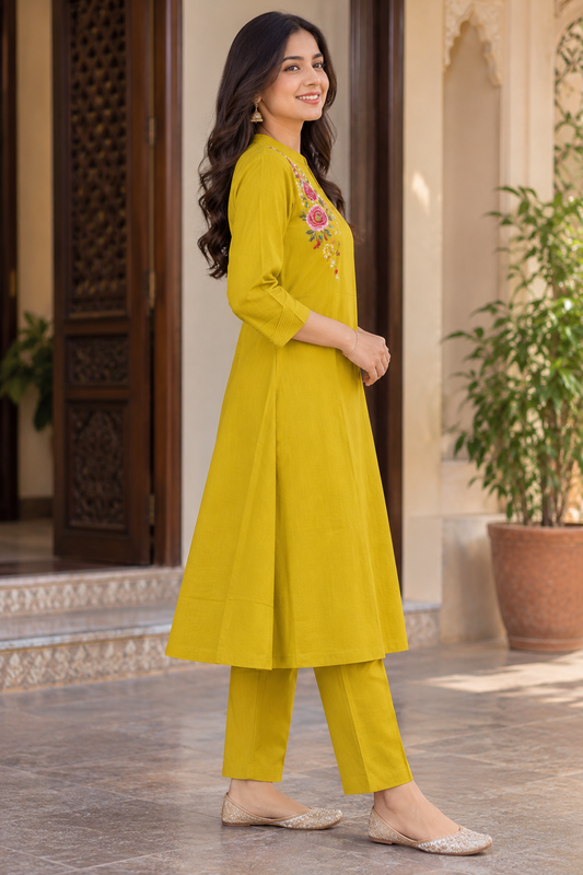 Mustard Yellow Floral Embroidered Co-ord Set