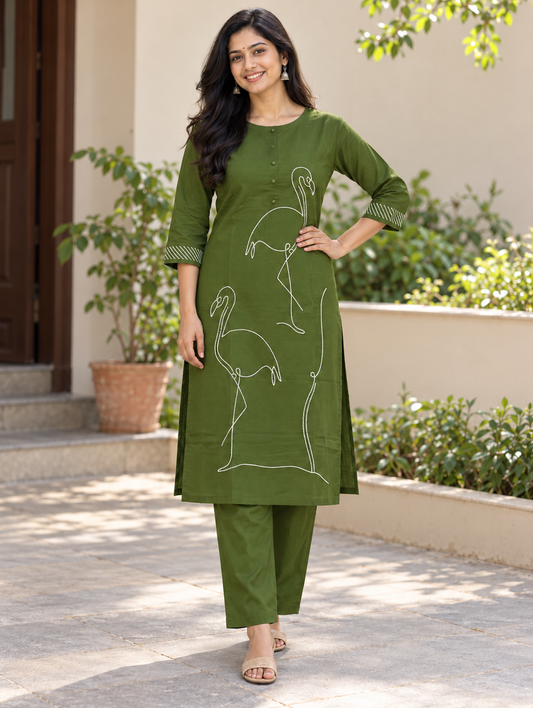 Olive Green Bird Design Co-ord Set