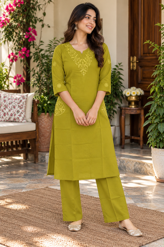 Olive Green Floral Embroidered Co-ord Set