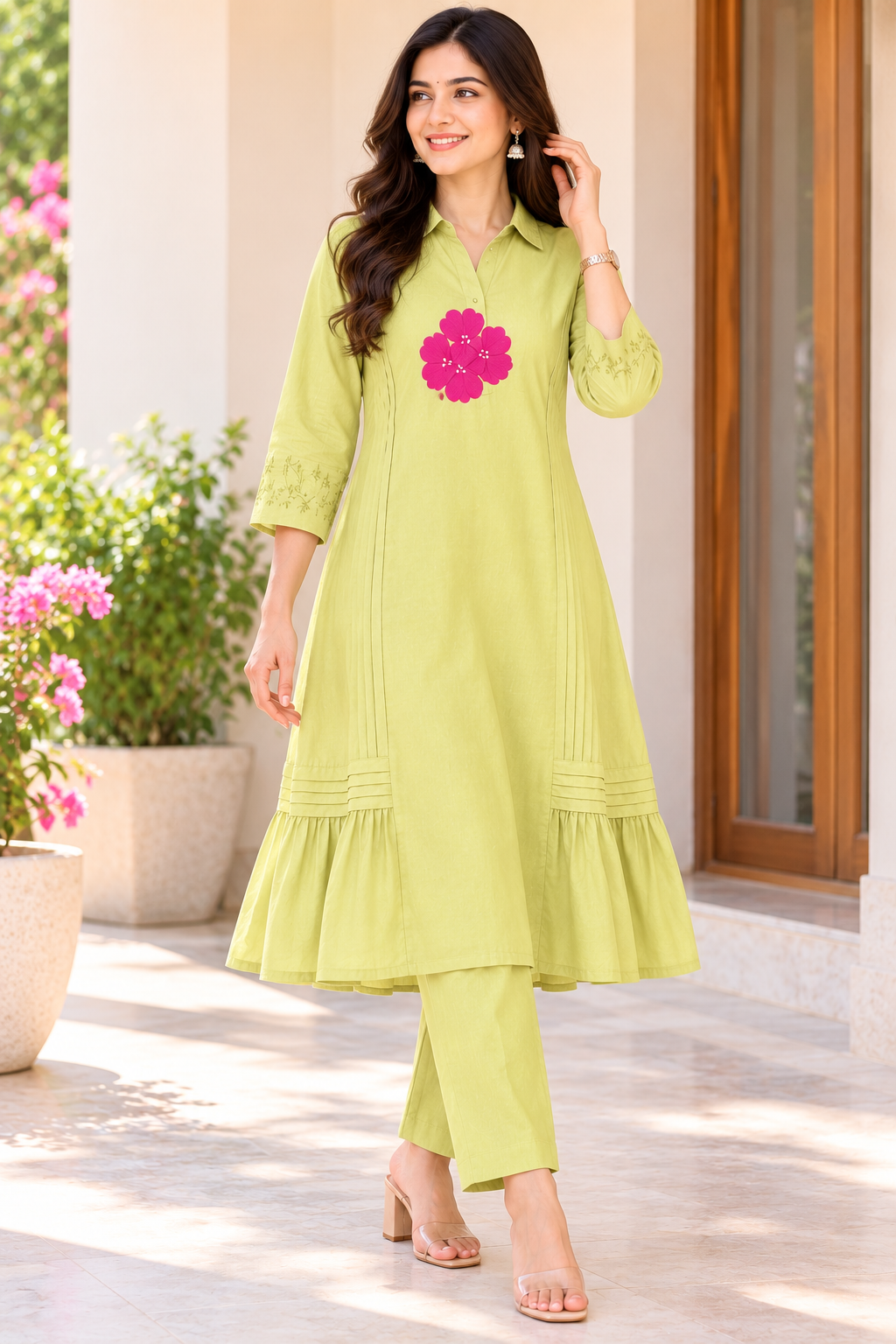 Lime Green Floral A-Line Ethnic Co-ord Set