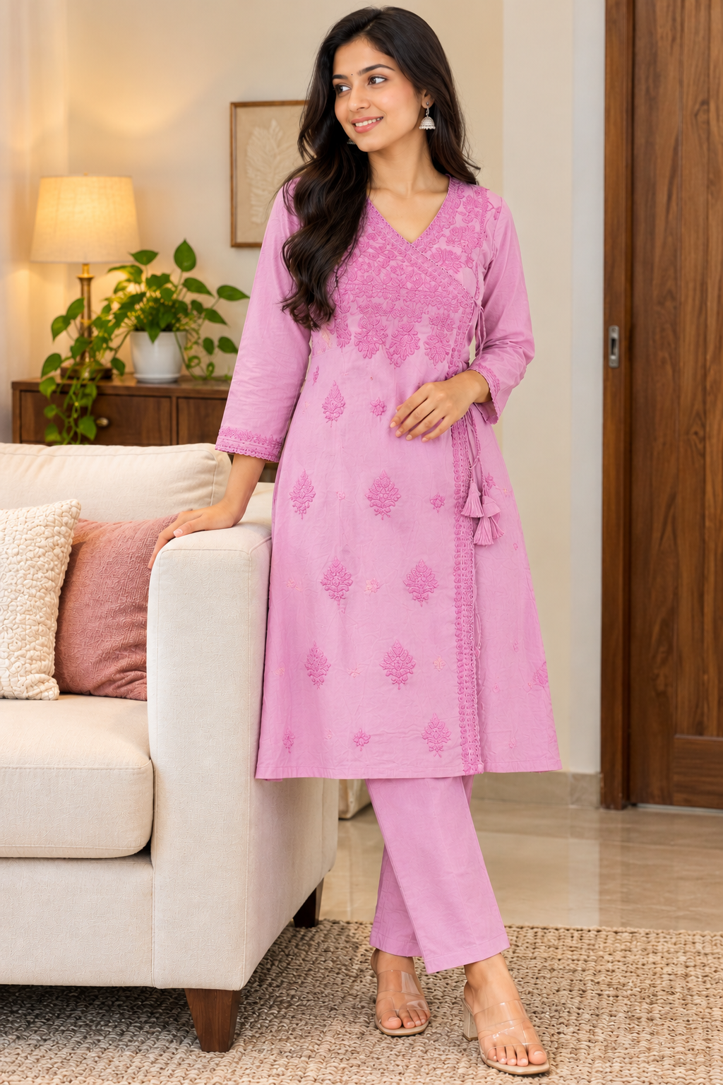 Light Pink Floral Embroidered A-Line Co-ord Set