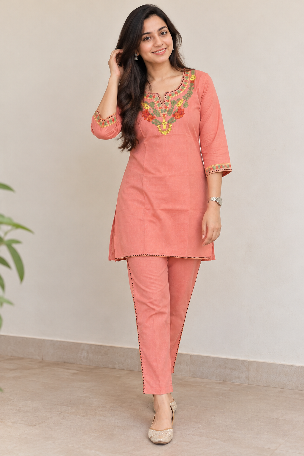 Peach Floral Embroidered Co-ord Set