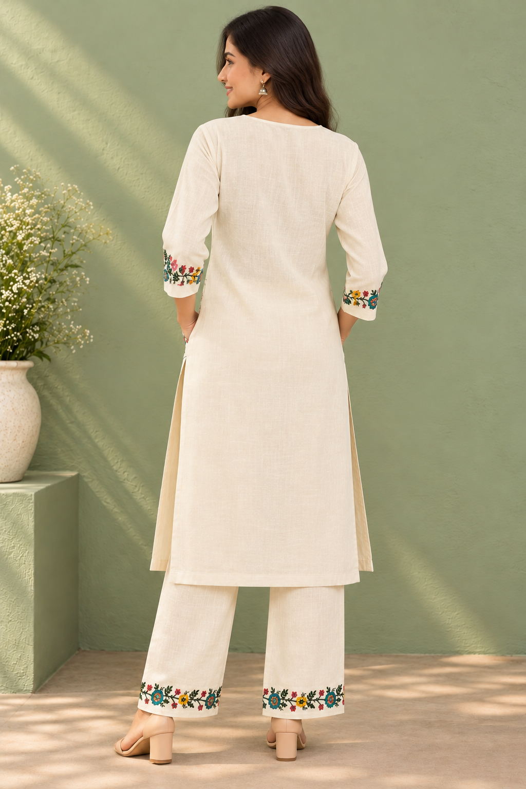 Cream Multicolour Floral Embroidered Co-ord Set