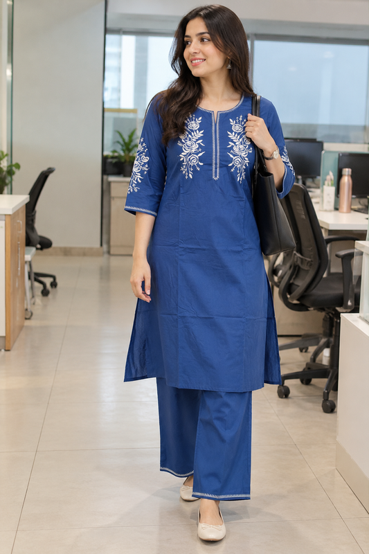 Royal Blue Floral Embroidered Co-ord Set