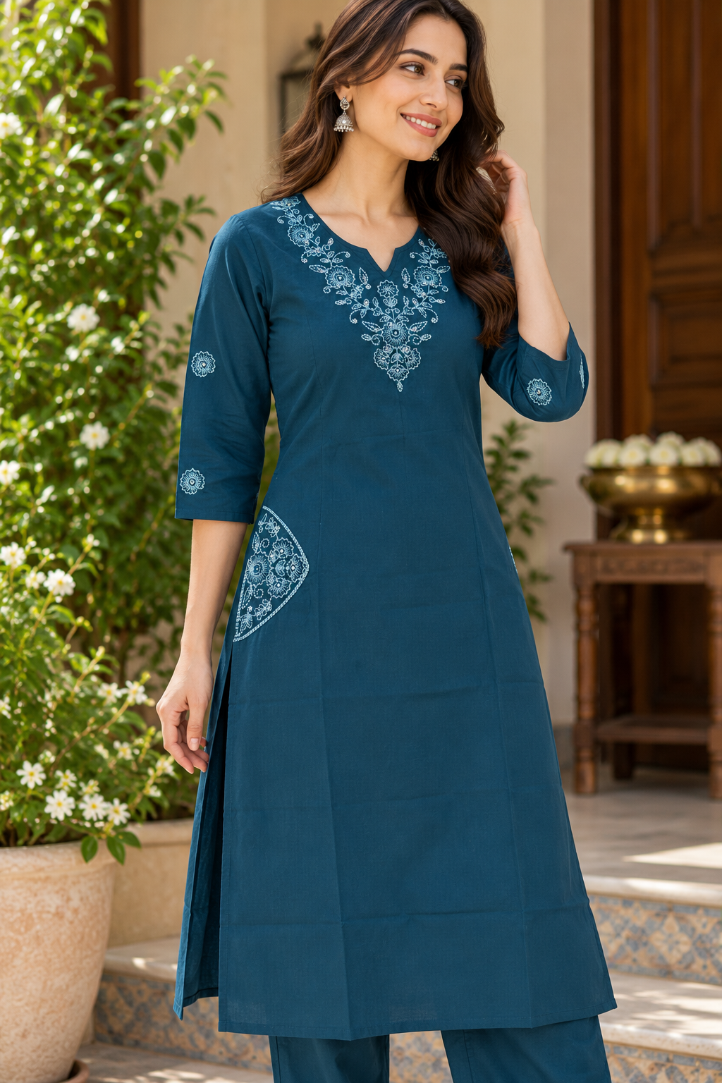 Teal Blue Floral Embroidered Co-ord Set