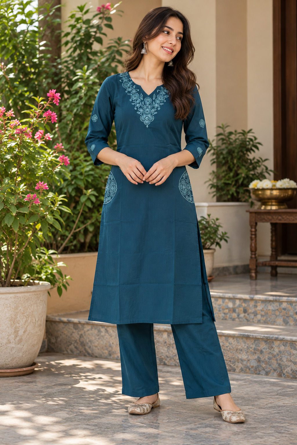 Teal Blue Floral Embroidered Co-ord Set